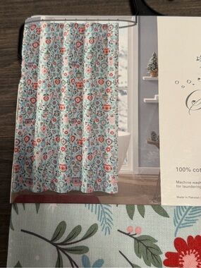 Tis the Season Holiday Ornament Shower Curtain - Light Blue, Red & Green NWT